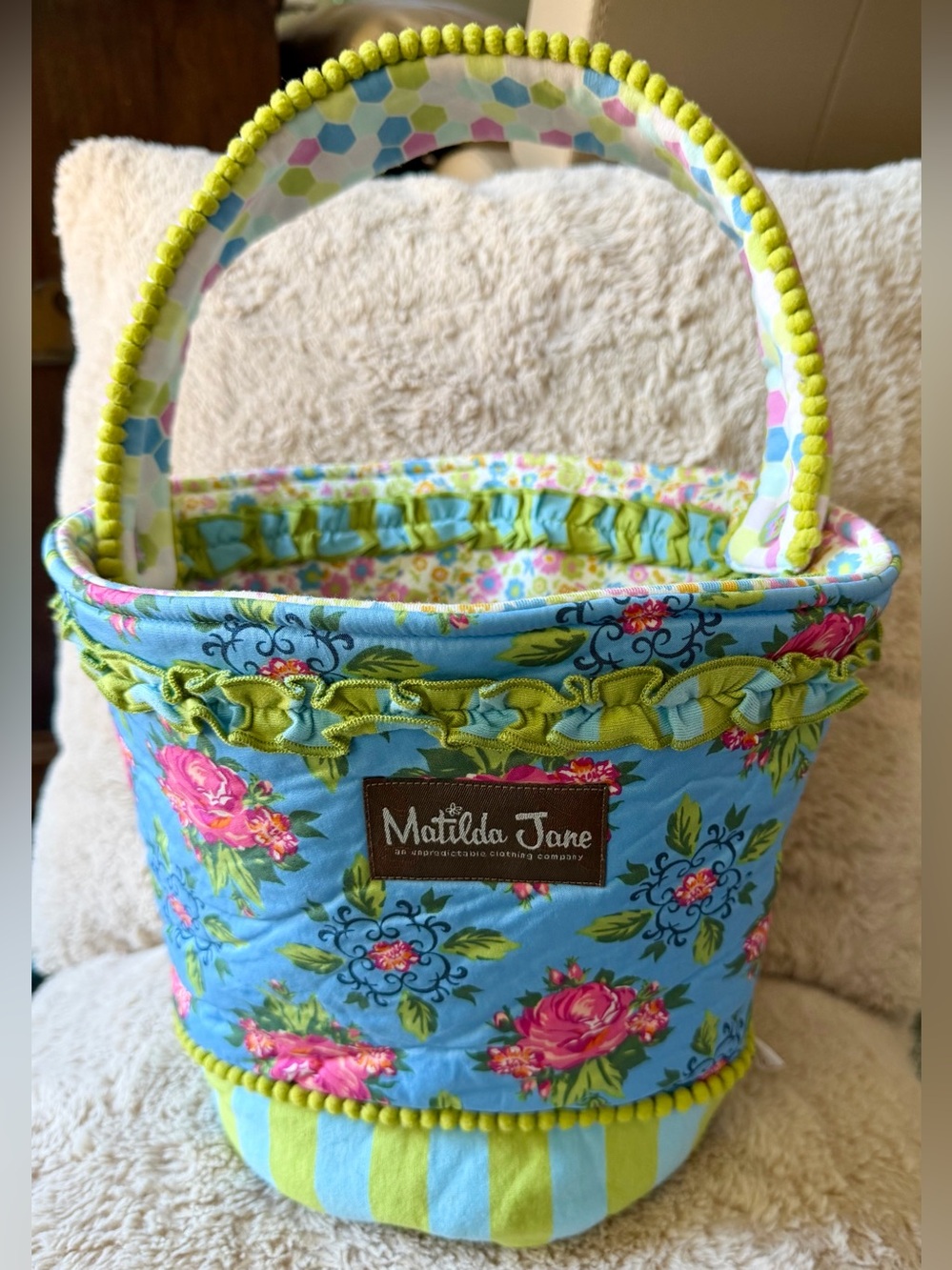 Matilda Jane Floral Bucket Bag Tote Blue Pink Lime Ruffle Pom Pom Girls Boho